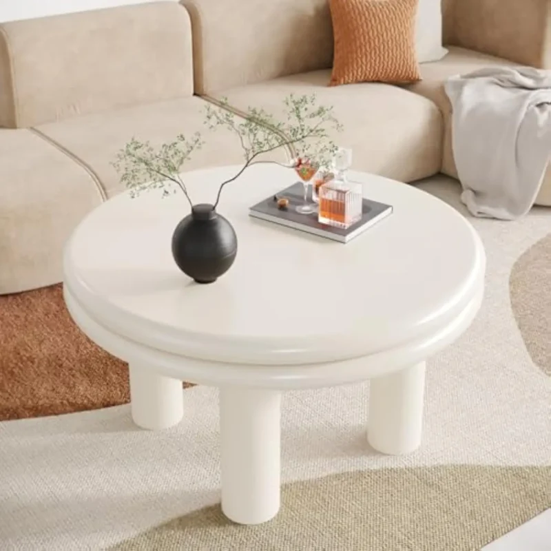 Round Cream White Mid-Century Modern Coffee Table with Tapered Legs - Image 3
