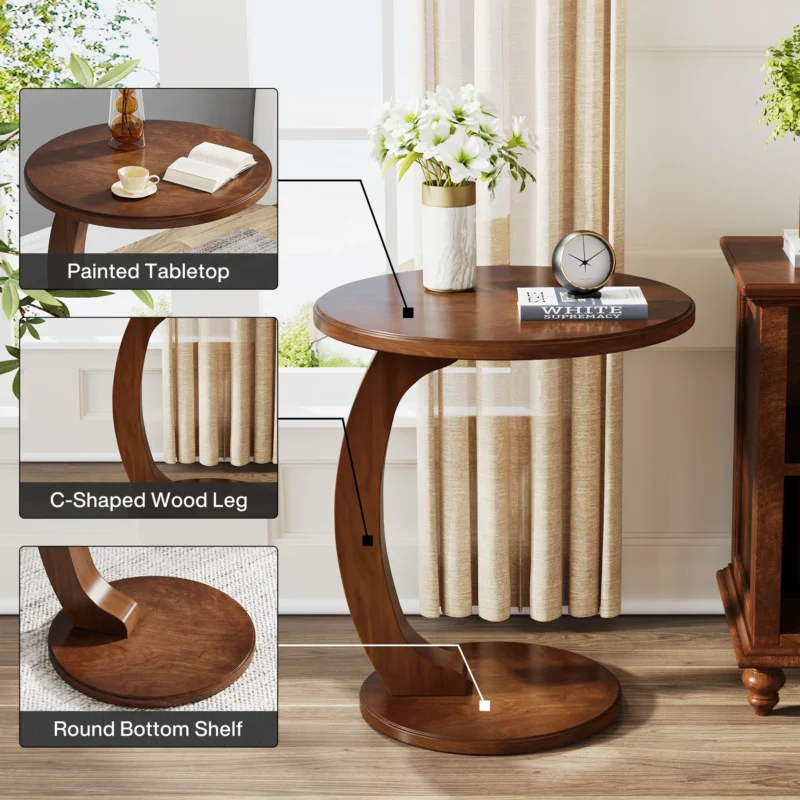 Round Walnut Wood Mid-Century Modern Side Table with C-Shaped Base - Image 3