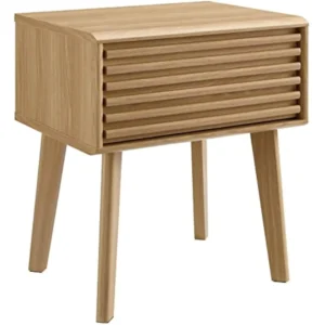 Oak Wood Square Mid-Century Modern Side Table with Storage Shelf