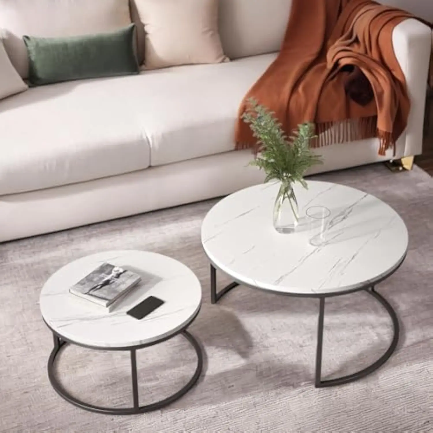 Elegant round walnut wood mid-century modern nesting coffee table set