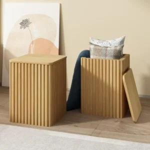 Square Wooden Fluted Side Table Set with Storage Modern Farmhouse End Tables