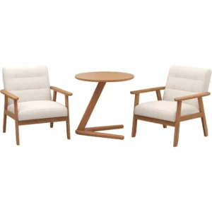 Square Beige Upholstered Mid-Century Modern Accent Chairs with Wood Frame Side Table Set
