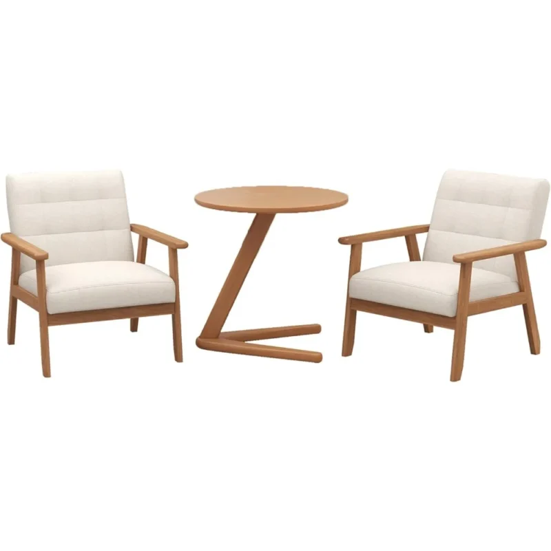 Square Beige Upholstered Mid-Century Modern Accent Chairs with Wood Frame Side Table Set
