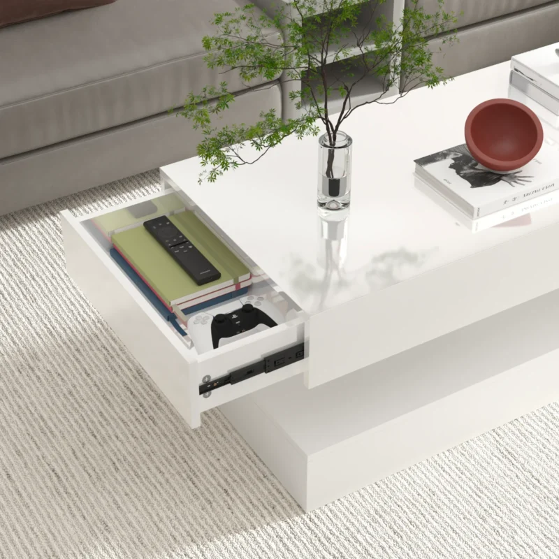 Rectangular High Gloss LED Coffee Table with Storage Drawers - Image 5