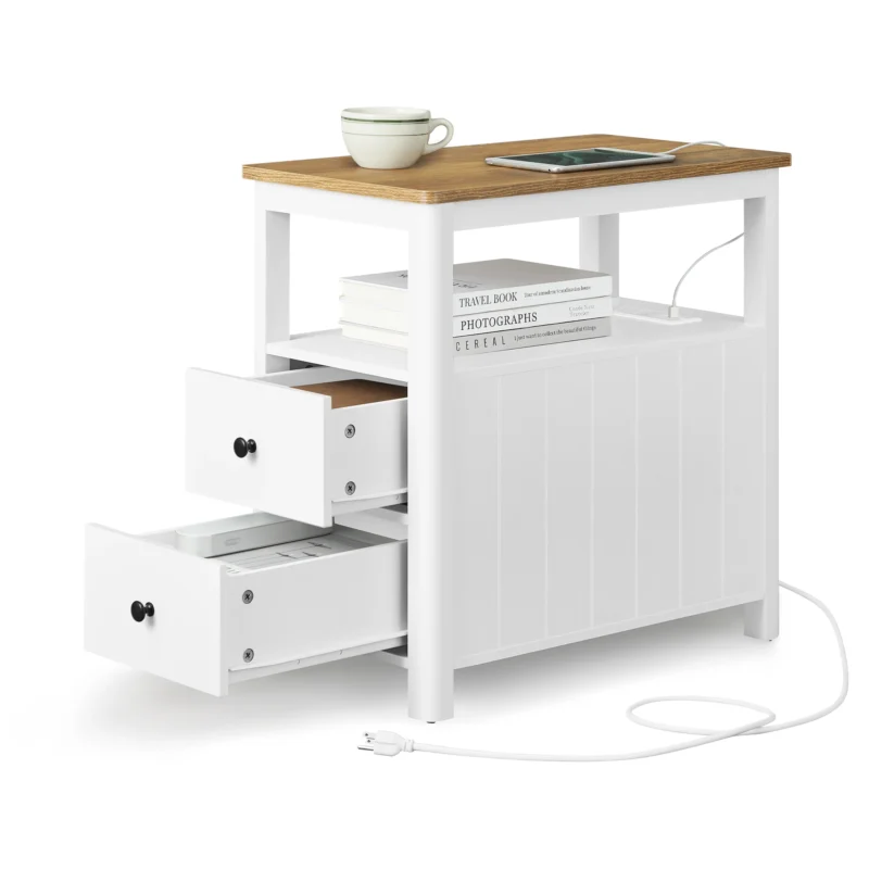 Rectangular Minimalist Modern Side Table with USB Charging Station and Dual Storage Drawers - Image 7