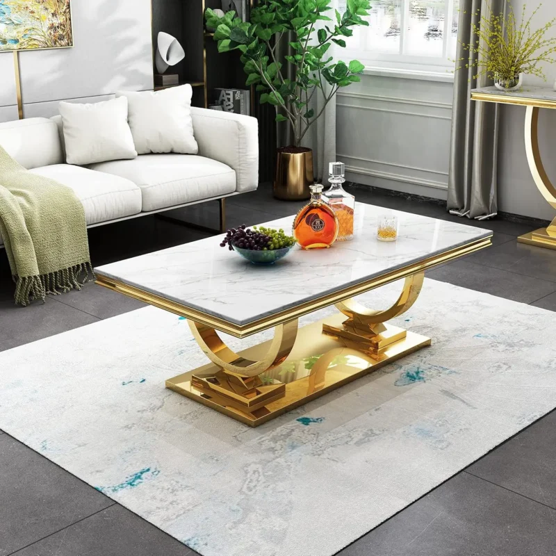 Rectangular White Marble Coffee Table with U-Shaped Stainless Steel Base - Image 8