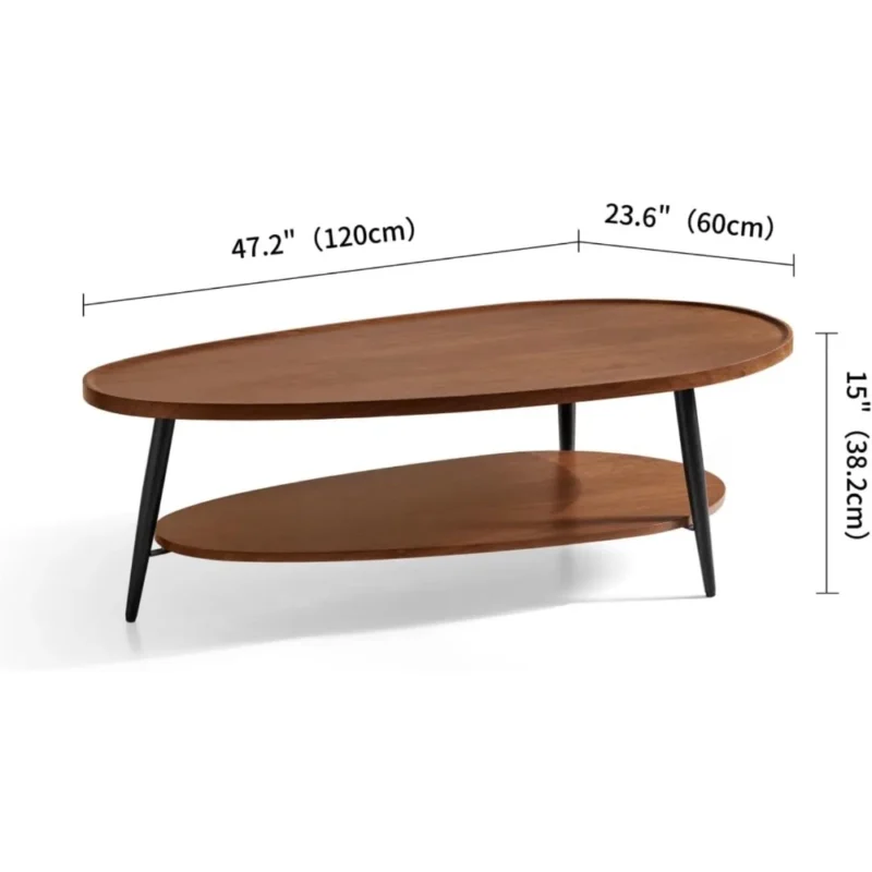 Oval Walnut Engineered Wood Mid-Century Modern Coffee Table with Double Layer Storage - Image 2