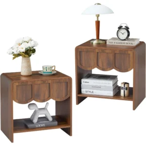 Wave Panel Wood Mid-Century Modern Nightstand Set of 2