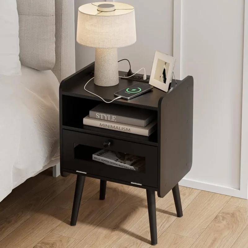 Rectangular Wood Mid-Century Modern Nightstand with Charging Station and Storage Drawer - Image 7