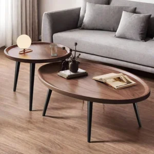 Oval Walnut Wood Mid-Century Modern Coffee Table with Nesting Side Table