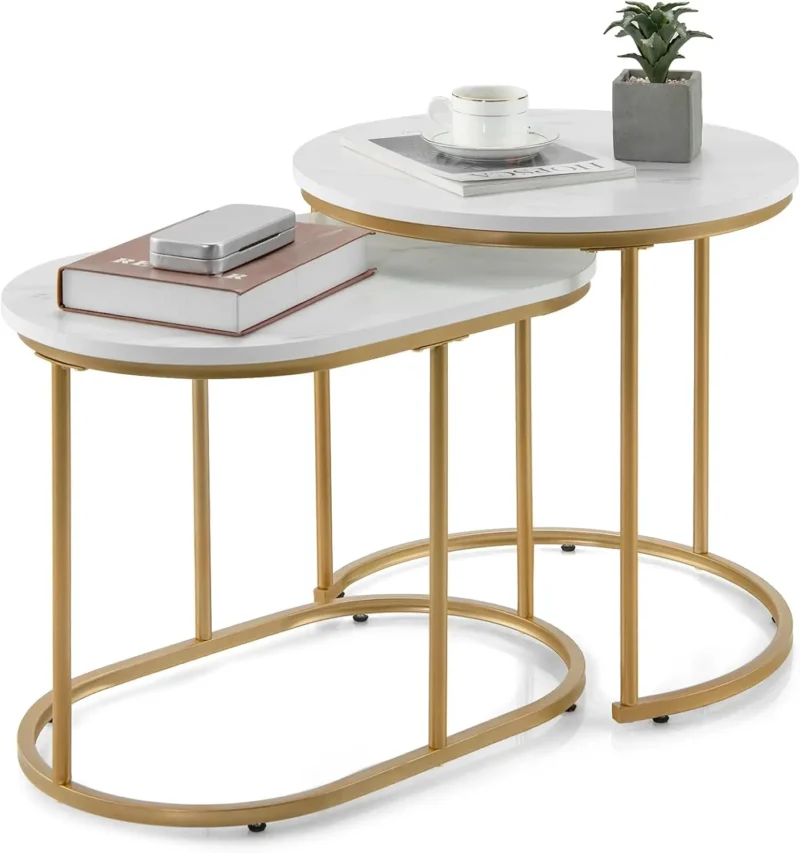 Nesting Coffee Table Set of 2 Modern Gold Frame Mid-Century Modern Tables - Image 2