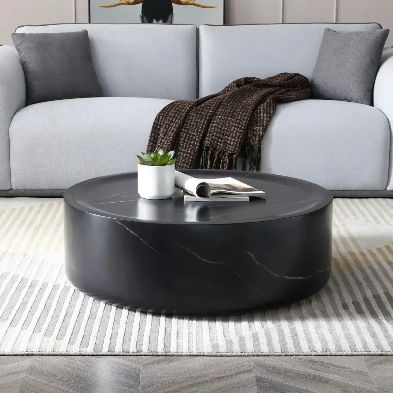 Round Faux Travertine Mid-Century Modern Coffee Table with Fiberglass Base - Image 7