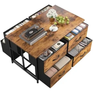 Rectangular Mid-Century Modern Coffee Table with Fabric Storage Drawer