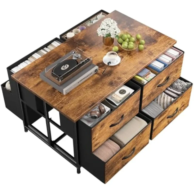 Rectangular Mid-Century Modern Coffee Table with Fabric Storage Drawer