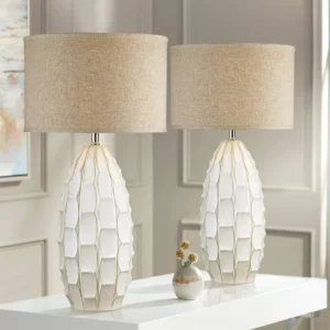 Ceramic Oval Mid-Century Modern Table Lamps Set of 2 - White Living Room Bedroom Bedside Lighting
