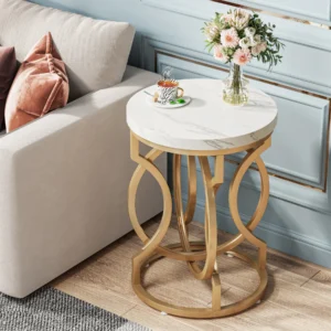 Round Walnut Wood Mid-Century Modern Side Table with O-Shaped Base