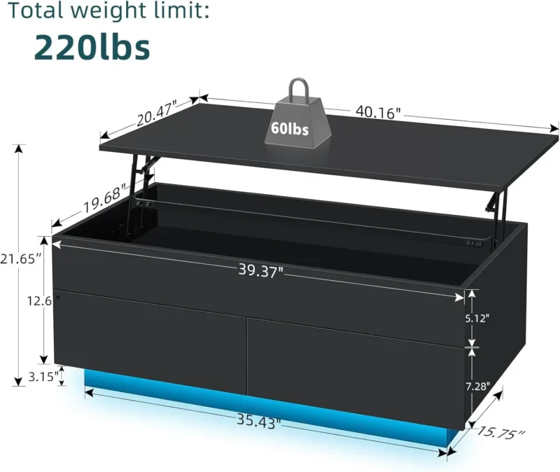 Black Lift Top Coffee Table with LED Lighting and Hidden Storage Modern - Image 2