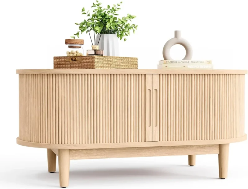 Oval Engineered Wood Mid-Century Modern Coffee Table with Storage Tambour Door - Image 8