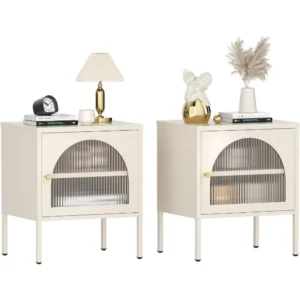Fluted Glass Rectangular Mid-Century Modern Nightstand Set with Steel Frame