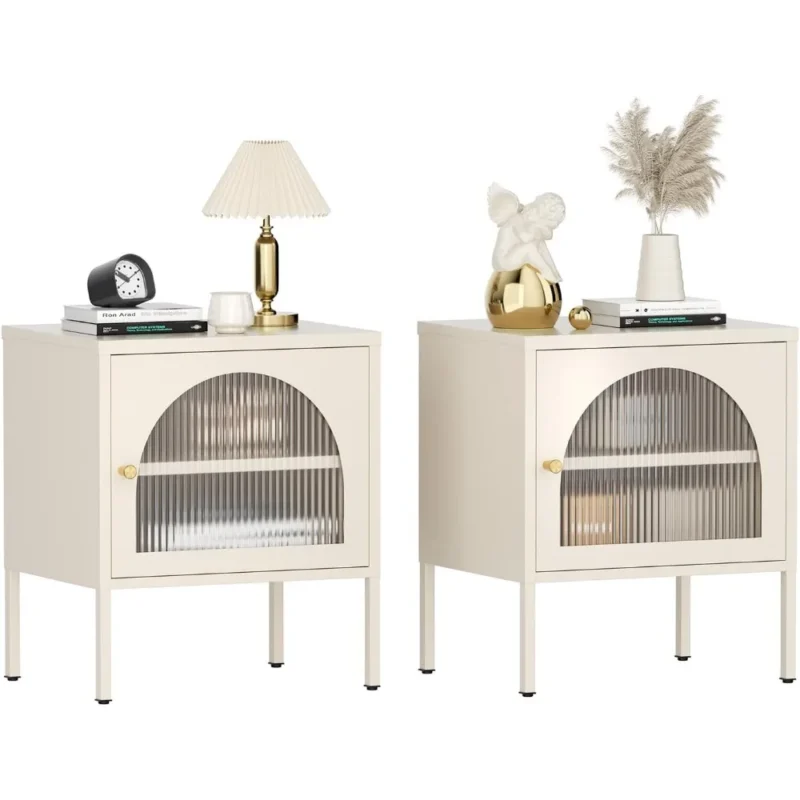 Fluted Glass Rectangular Mid-Century Modern Nightstand Set with Steel Frame