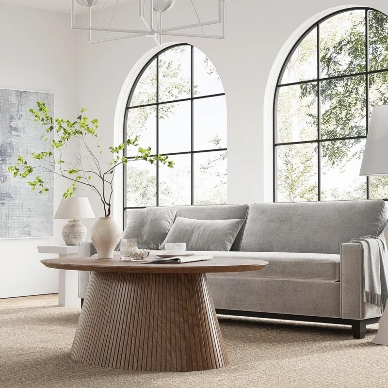 Oval Walnut Fluted Mid-Century Modern Coffee Table with Wood Grain Veneer - Image 6