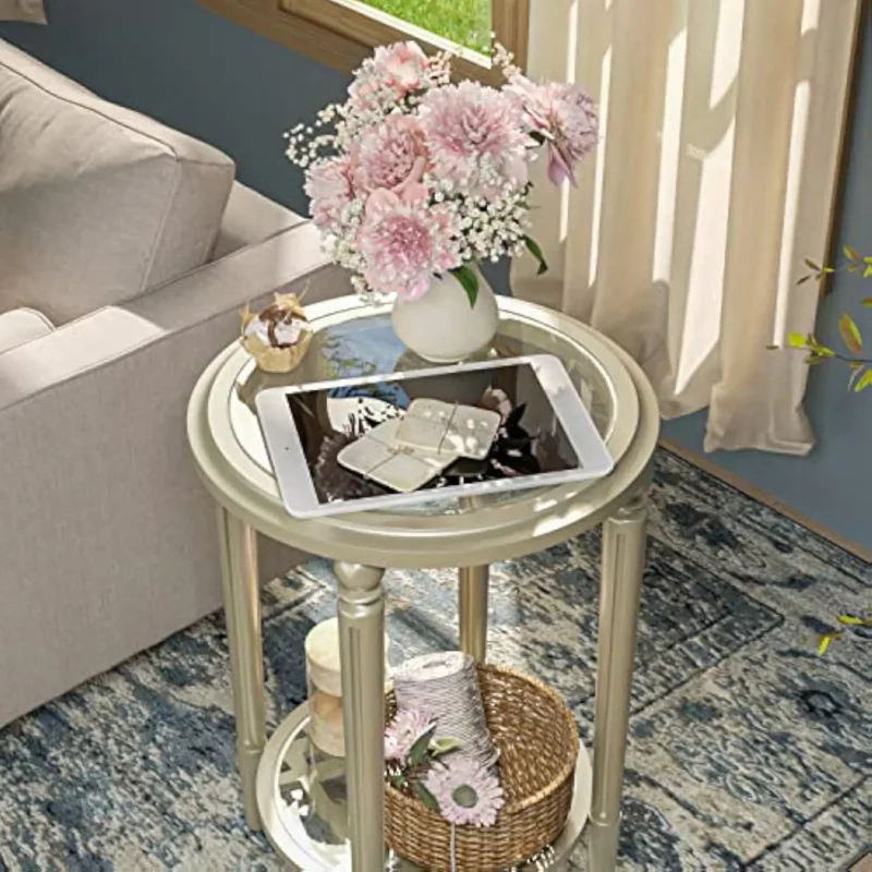Round Tempered Glass Top Mid-Century Modern Side Table with Wooden Base - Image 3