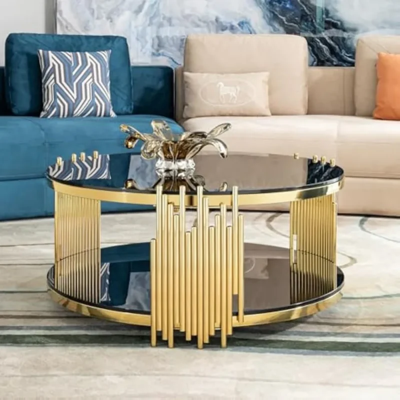 Round Black Glass Two-Tier Mid-Century Modern Coffee Table with Gold Frame - Image 2