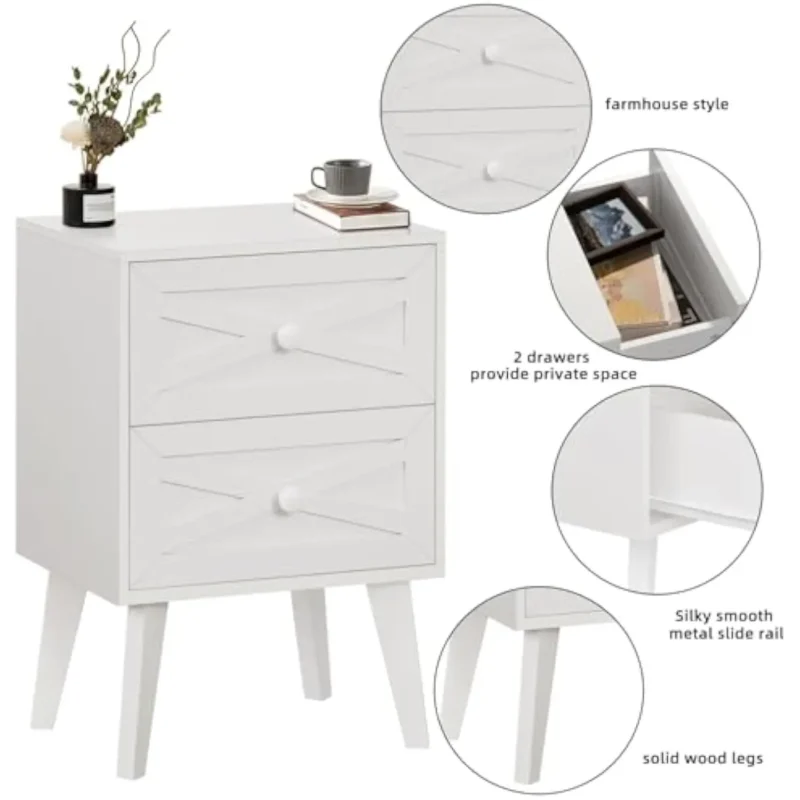 White Mid-Century Modern Nightstand Set with Barn Door Design and Two Drawers - Image 4