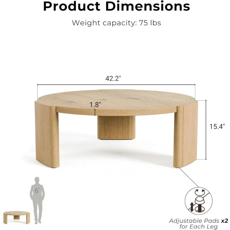 Round Oak Mid-Century Modern Coffee Table with Solid Wood Plinth Base - Image 2