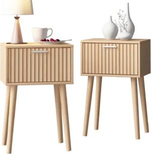 Fluted Door Mid-Century Modern Bedside Tables Set of 2 with Solid Wood Legs