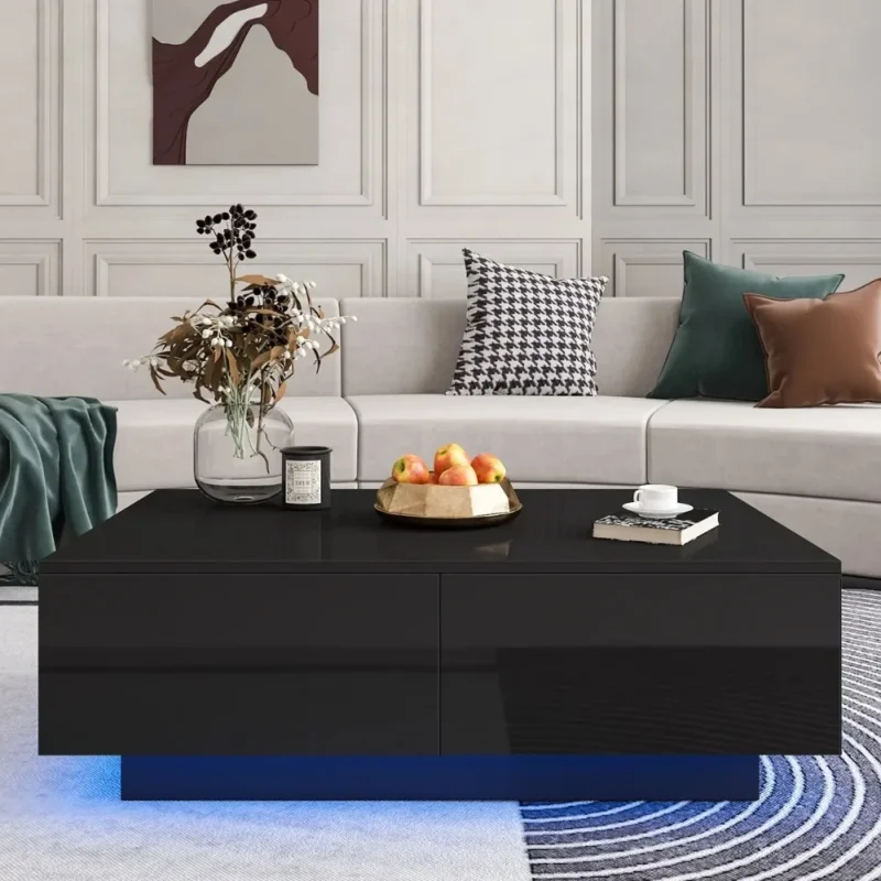 Rectangular Black High Gloss Coffee Table with 4 Drawers Modern Living Room Storage - Image 2