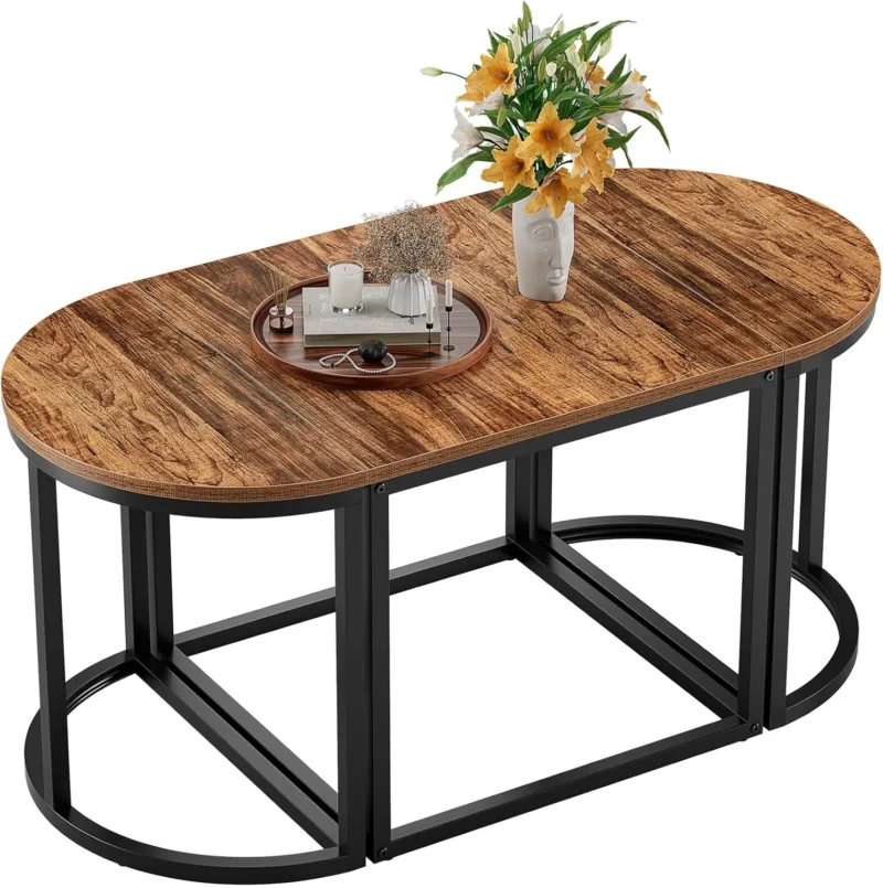 Oval Wooden Mid-Century Modern Coffee Table Set with Metal Frame and 2 Side Tables - Image 2