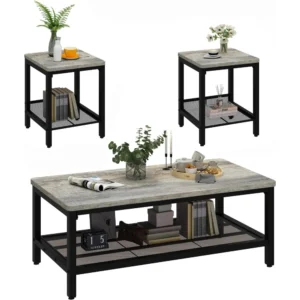 Nested Square Coffee Table Set with 2 Side Tables Modern Industrial Metal Frame
