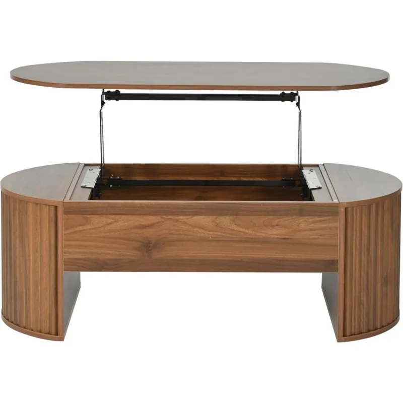 Oval Walnut Lift Top Mid-Century Modern Coffee Table with Storage Compartment - Image 4