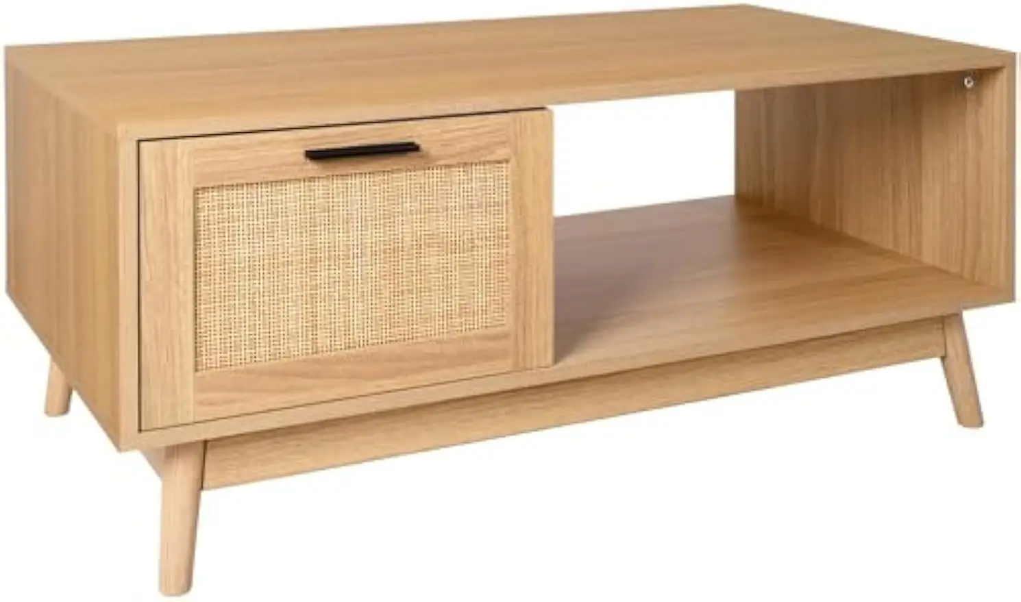 Rectangular walnut coffee table creating balance in living room layout