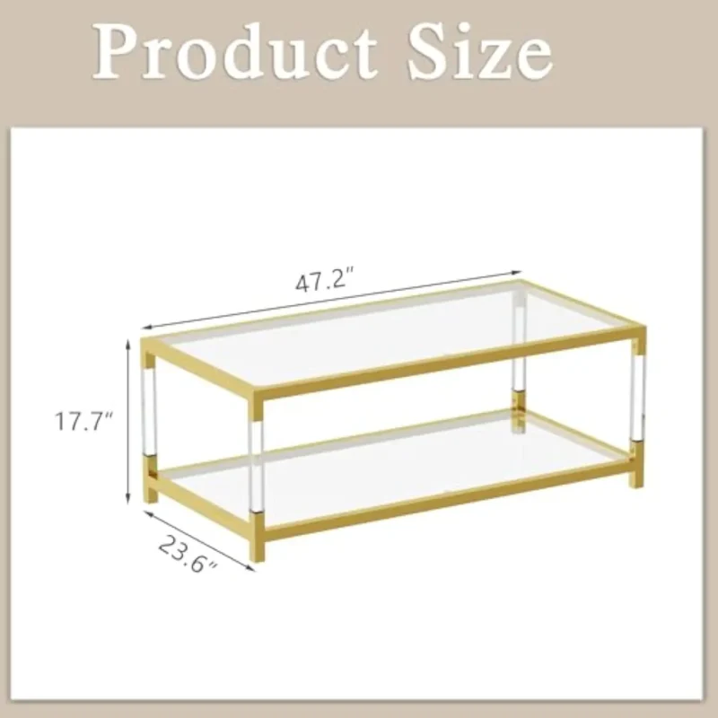 Rectangular Glass Coffee Table with Gold Steel Base and Acrylic Legs Mid-Century Modern - Image 2