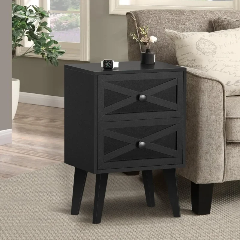 Black Two-Drawer Barn Door Mid-Century Modern Nightstand with Storage - Image 5