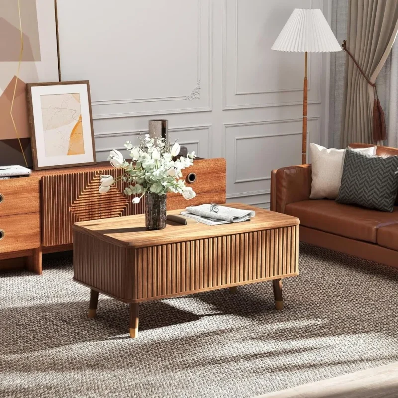 Rectangular Walnut Wood Mid-Century Modern Lift Top Coffee Table with Hidden Storage - Image 5
