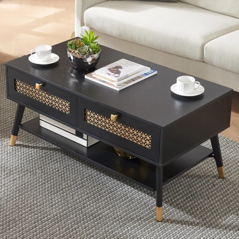 Rectangular Black Wood Mid-Century Modern Coffee Table with Storage Drawers - Image 9