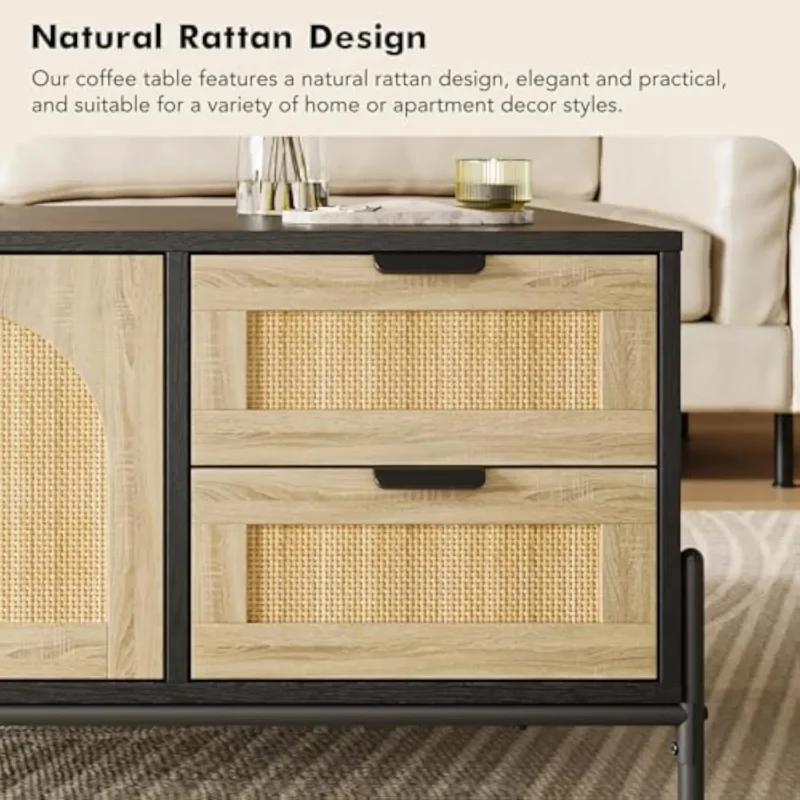 Rectangular Rattan Mid-Century Modern Coffee Table with LED Lights and Storage - Image 5