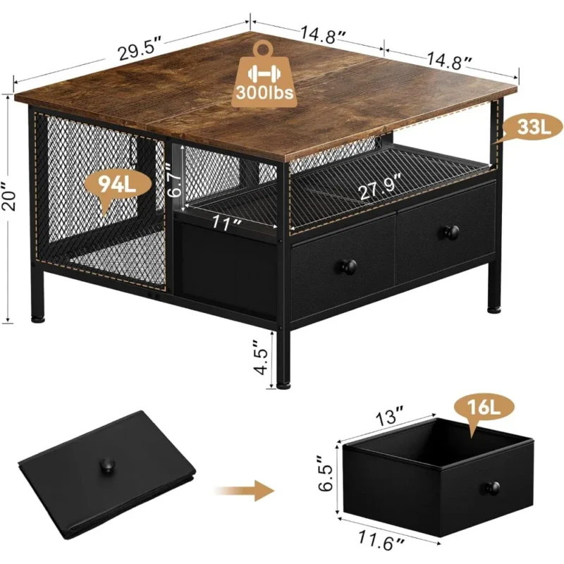 Square Lift-Top Wood Coffee Table with Metal Frame Modern Design - Image 2