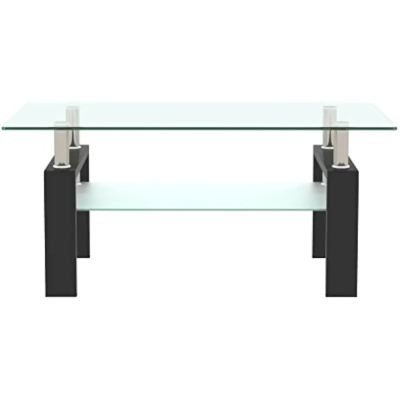 Rectangular Glass Two-Tier Mid-Century Modern Coffee Table with Metal Legs - Image 3