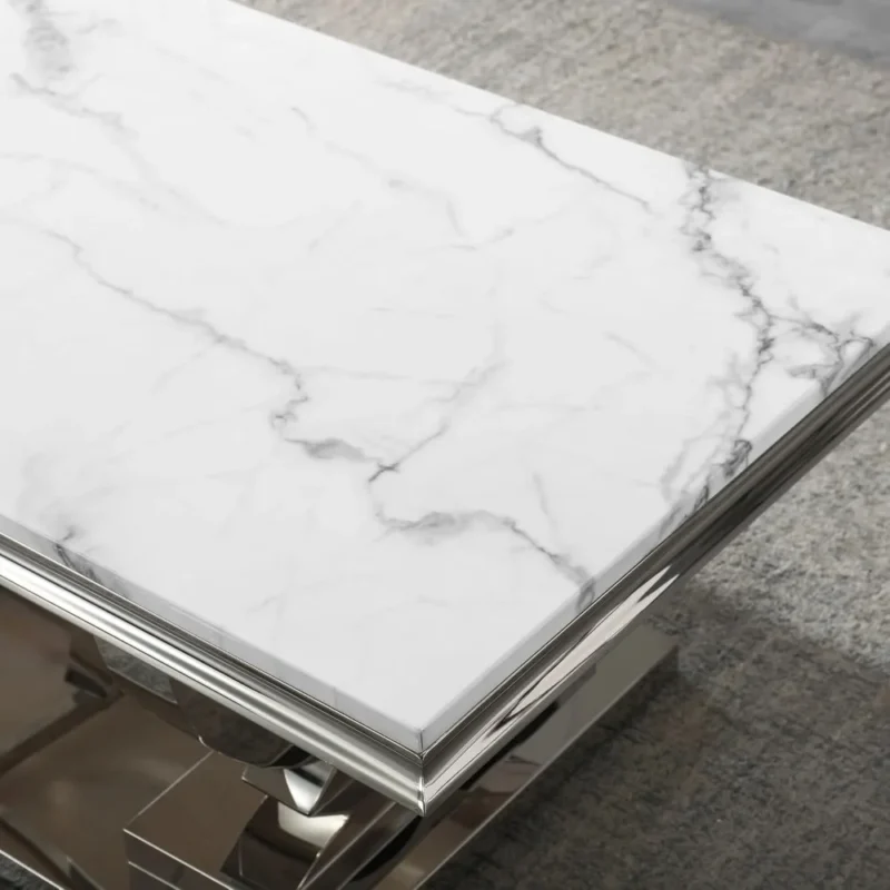 Rectangular White Marble Coffee Table with U-Shaped Stainless Steel Base - Image 6