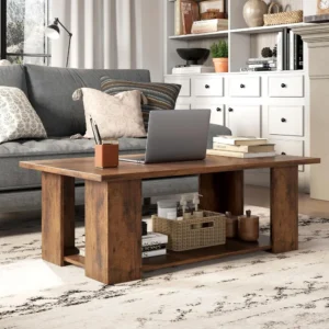Rectangular Wood Mid-Century Modern Coffee Table with Two-Tier Storage