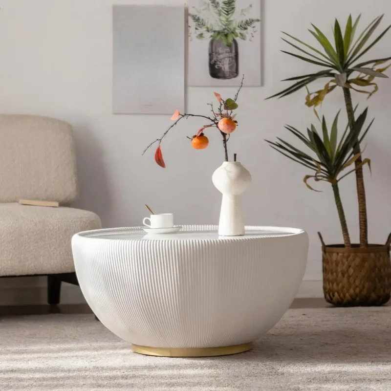 Round White Wood Mid-Century Modern Coffee Table with Textured Detail - Image 2