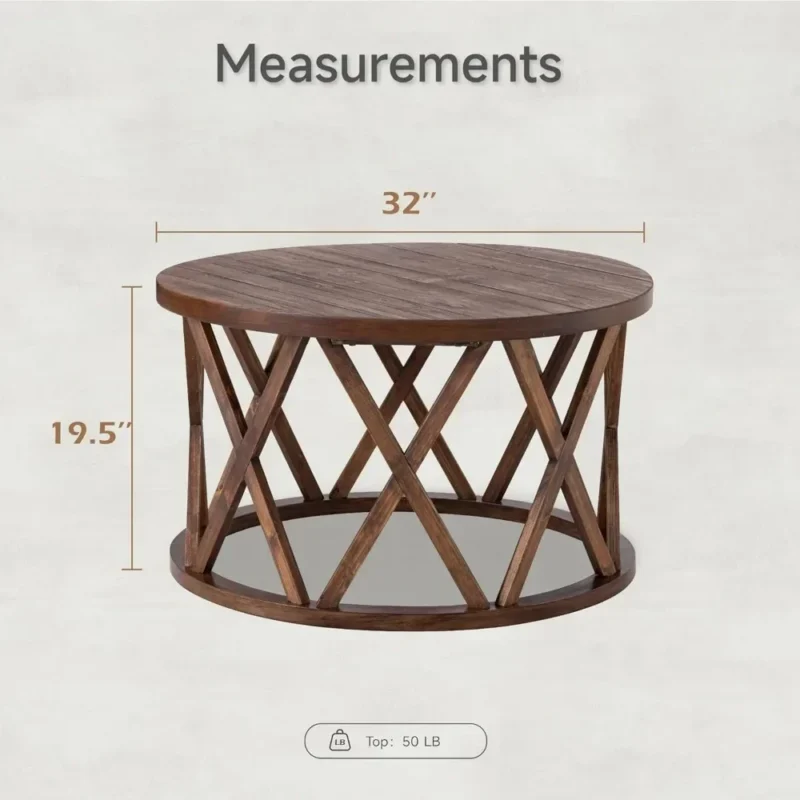 Round Engineered Wood Coffee Table with X-Motif Legs for Rustic Modern Decor - Image 2