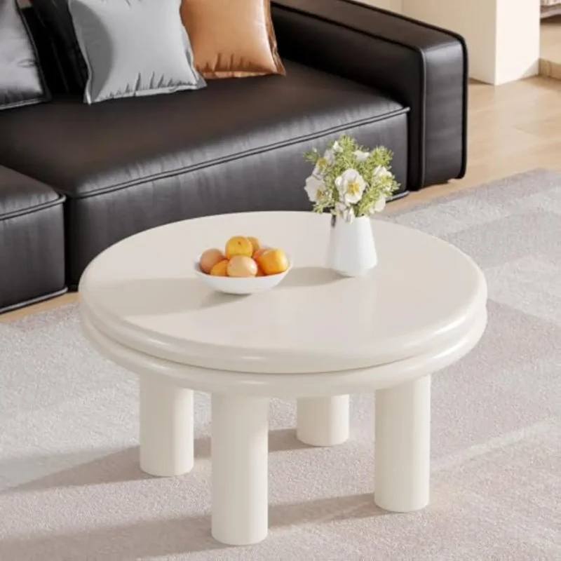 Round Cream White Mid-Century Modern Coffee Table with Tapered Legs