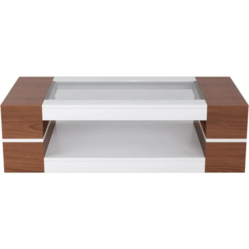 Rectangular Walnut Glass Top Mid-Century Modern Coffee Table with Storage Shelf - Image 6