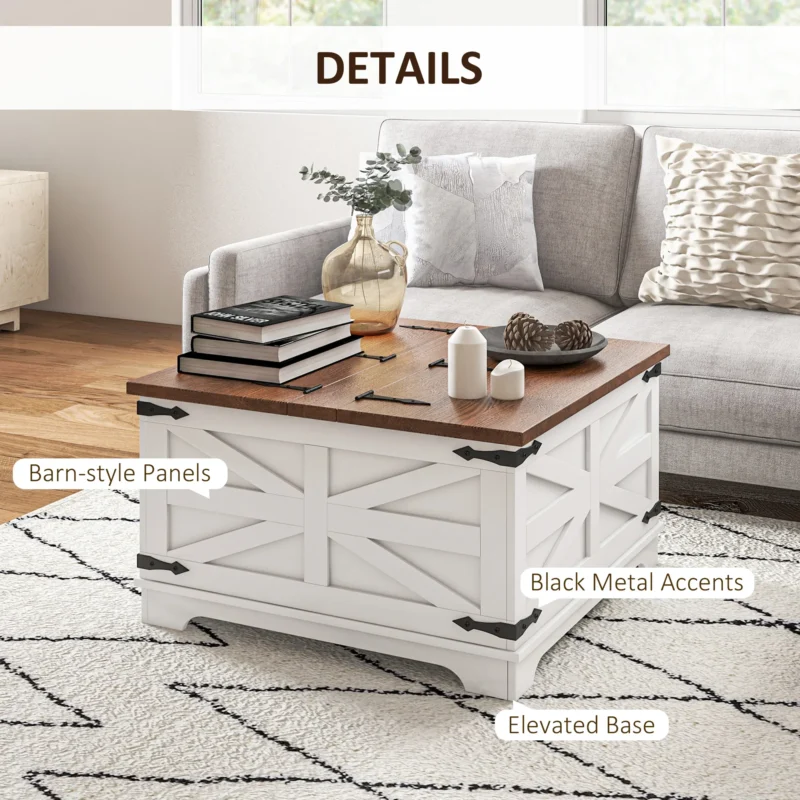 Square Lift Top White Modern Coffee Table with Hidden Storage Compartment - Image 5