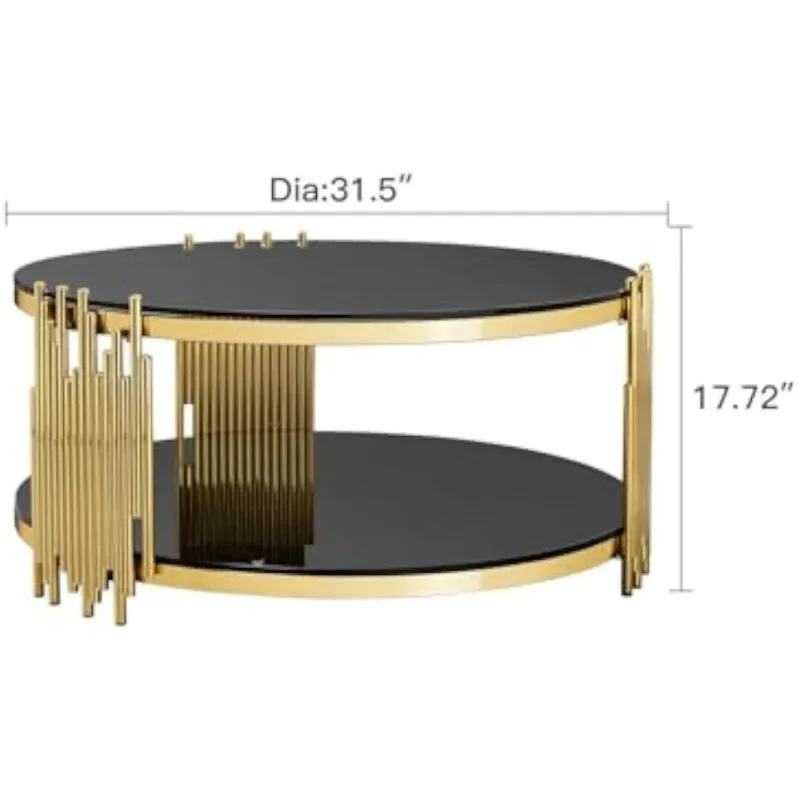 Round Black Glass Two-Tier Mid-Century Modern Coffee Table with Gold Frame - Image 3